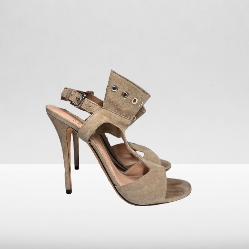 Stuart Weitzman French Cuff Gray Suede Stiletto Heel Sandals Size 9